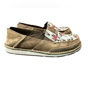 Ariat Tan Leather Loafers with Floral Canvas Top